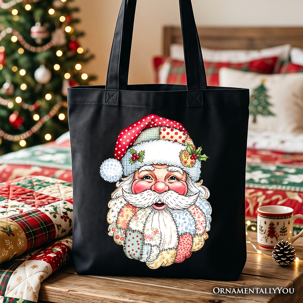 Patchwork Santa Claus Tote Bag, Retro Christmas Holiday Gift Shopper