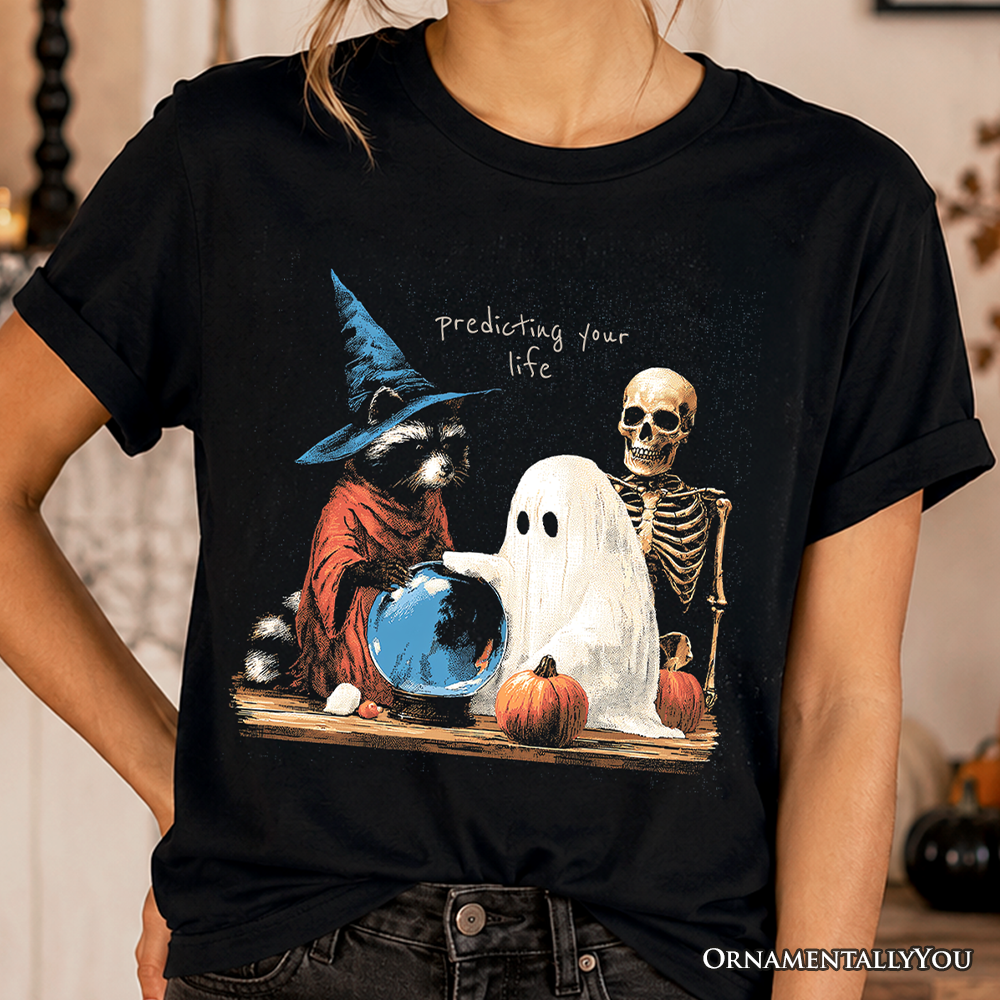 Predicting Your Life Witch Racoon T-Shirt, Vintage Halloween Ghost Skeleton Fortune Teller Tee