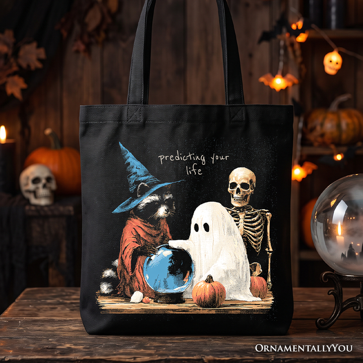 Predicting Your Life Witch Racoon Tote Bag, Vintage Halloween Ghost Skeleton Fortune Teller Gift Shopper
