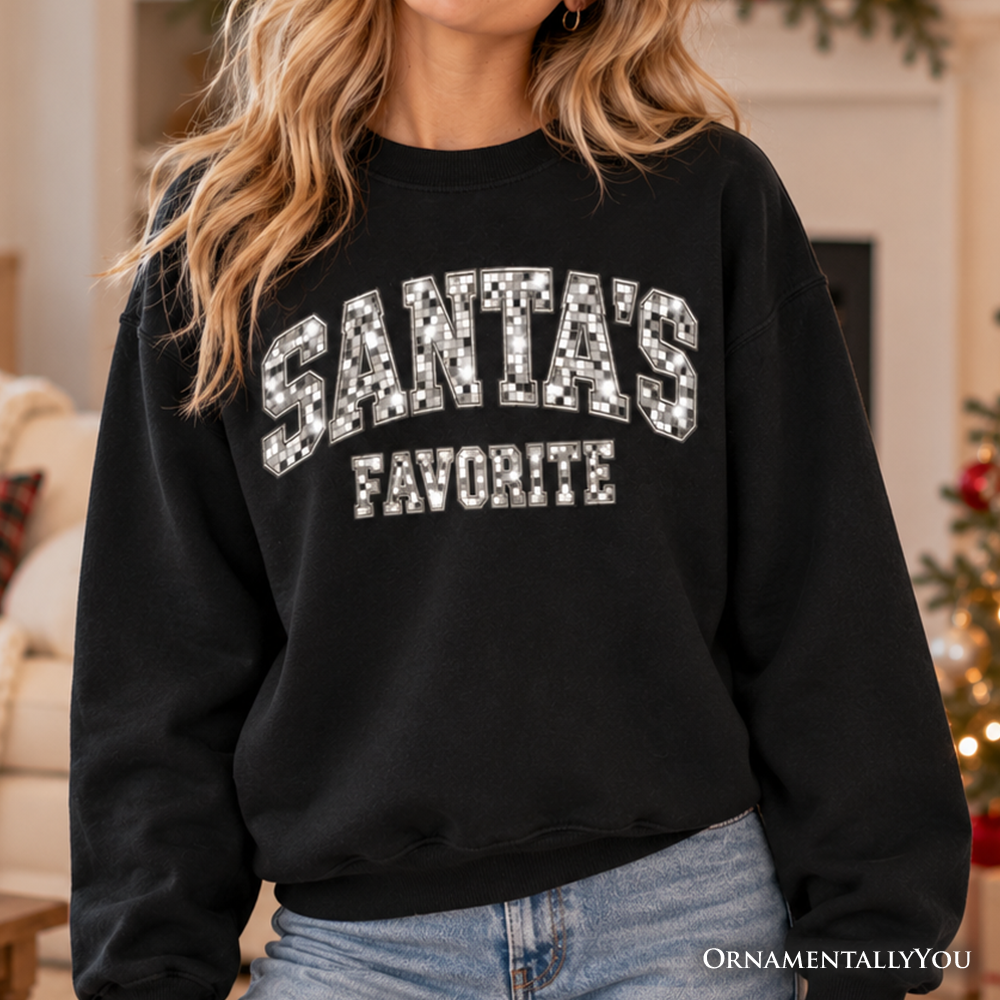 Santa's Favorite Faux Mirrored Christmas Sweatshirt, Disco Sparkle Holiday Sweater