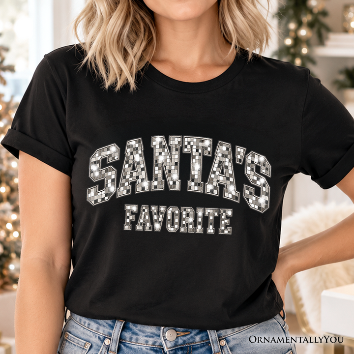 Santa’s Favorite Faux Mirrored Christmas T-Shirt, Disco Sparkle Holiday Tee