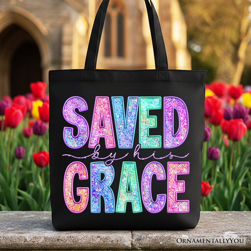 Saved By His Grace Printed Faux Sequin Christian Tote Bag, Religious Love Gift Shopper Tote Bag OrnamentallyYou Black 