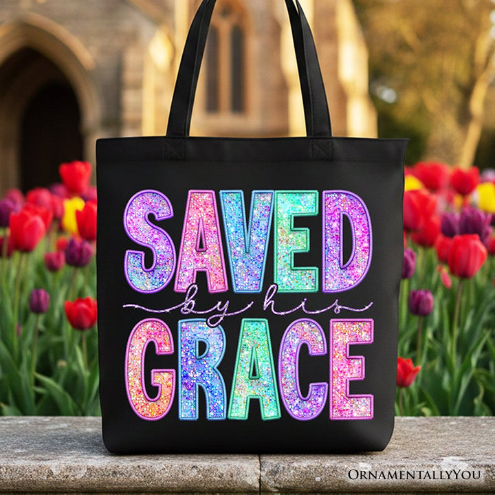 Saved By His Grace Printed Faux Sequin Christian Tote Bag, Religious Love Gift Shopper Tote Bag OrnamentallyYou Black 