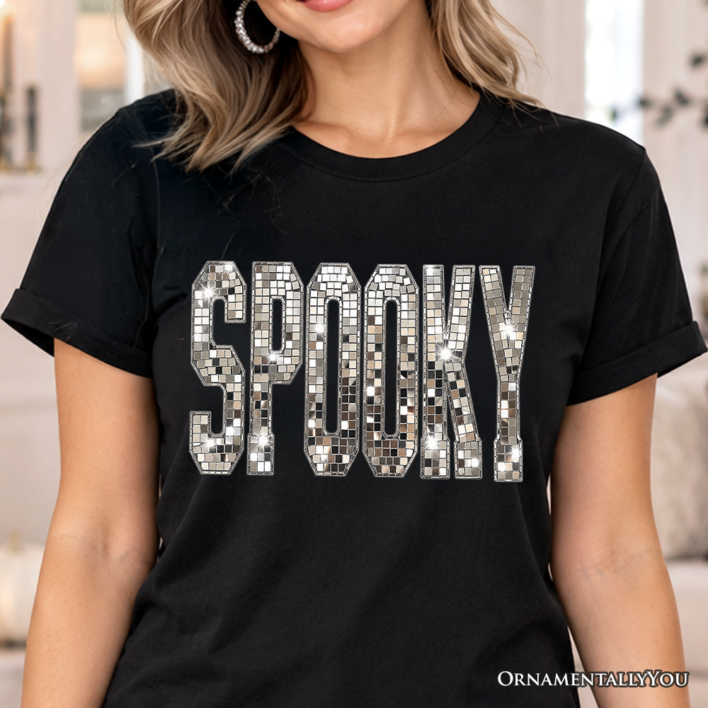 Spooky Faux Mirrored Letter Halloween T-Shirt, Disco Sparkle Tee