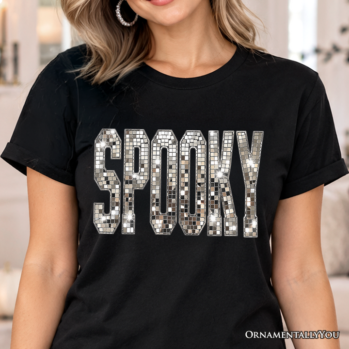 Spooky Faux Mirrored Letter Halloween T-Shirt, Disco Sparkle Tee