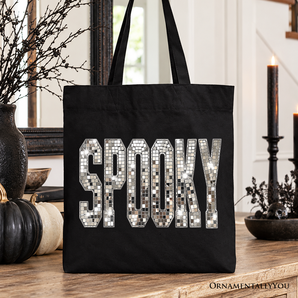 Spooky Faux Mirrored Letter Halloween Tote Bag, Disco Sparkle Gift Shopper