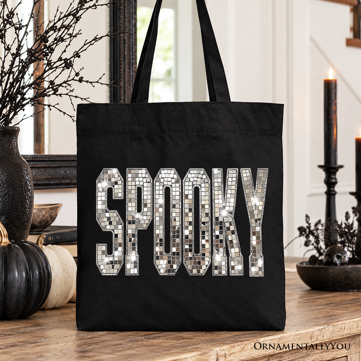 Spooky Faux Mirrored Letter Halloween Tote Bag, Disco Sparkle Gift Shopper