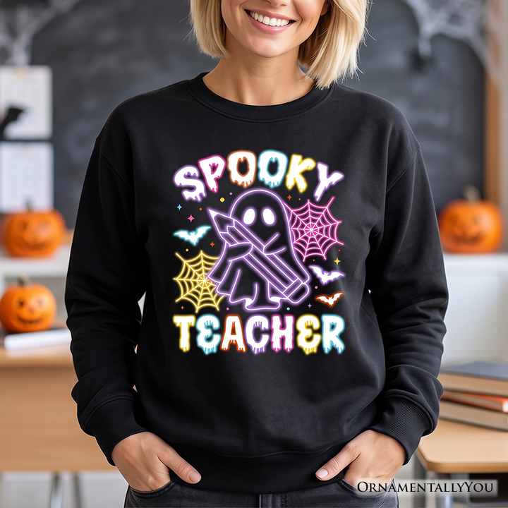 Spooky Teacher Neon Ghost Sweatshirt, Retro Halloween Sweater for Educators