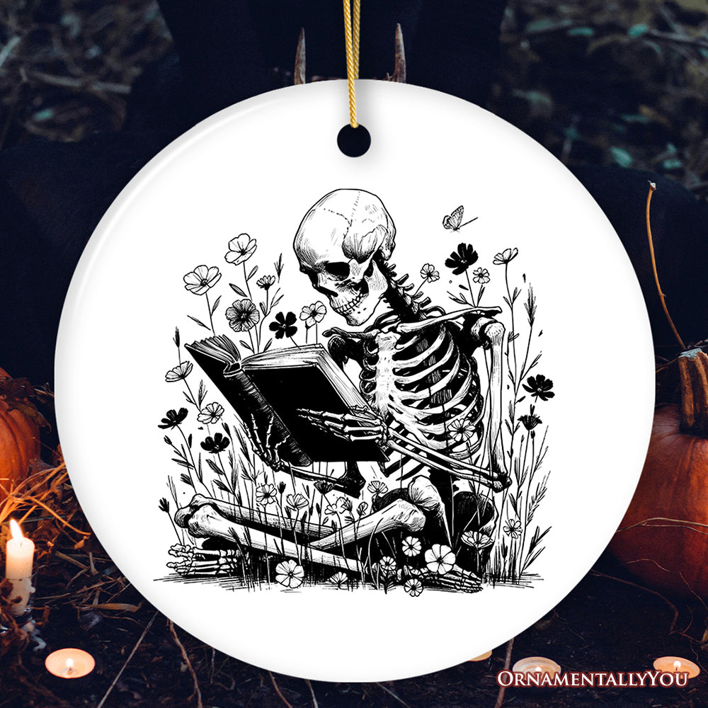 Gothic Reading Skeleton Ornament, Spooky Bookworm Floral Halloween Tree Decor