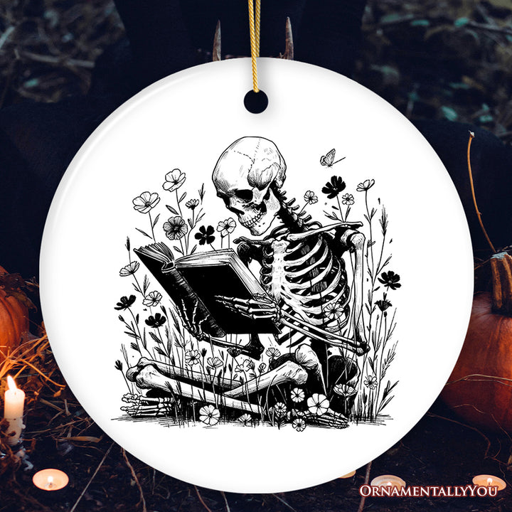 Gothic Reading Skeleton Ornament, Spooky Bookworm Floral Halloween Tree Decor
