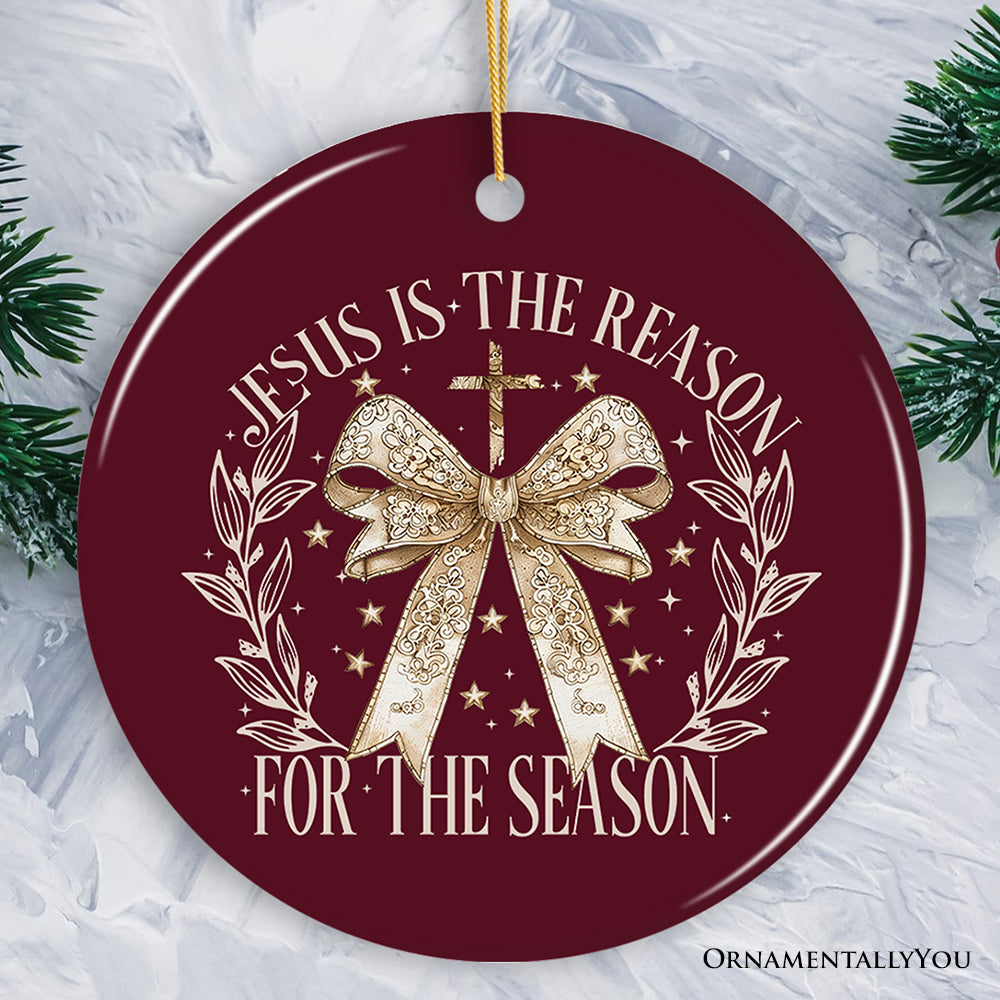 Jesus Is the Reason Christmas Ornament, Coquette Gold Bow Cross for Faithful Women Keepsake