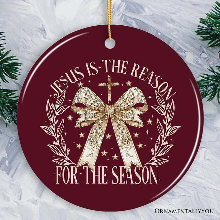 Jesus Is the Reason Christmas Ornament, Coquette Gold Bow Cross for Faithful Women Keepsake