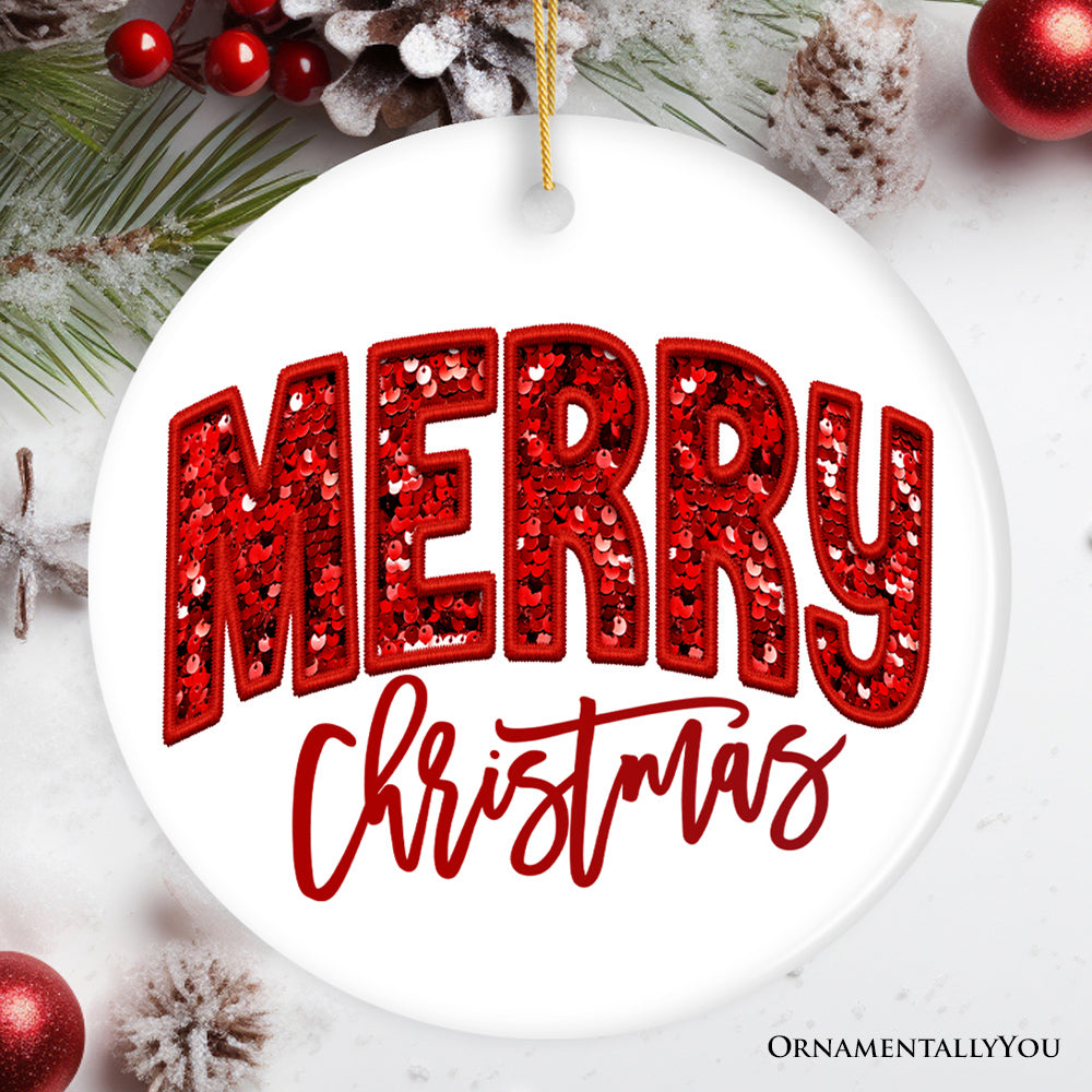 Merry Christmas Sequin Ornament, Bold Red Glitter for Festive Holiday Season Souvenir