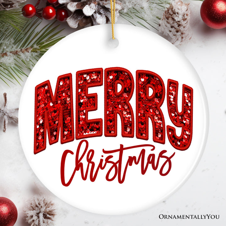 Merry Christmas Sequin Ornament, Bold Red Glitter for Festive Holiday Season Souvenir