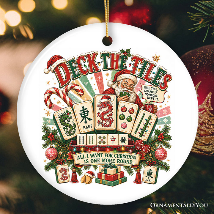 Retro Deck The Tiles Mahjong Santa Ornament, Funny Chinese Table Game Player Gift and Tree Decor