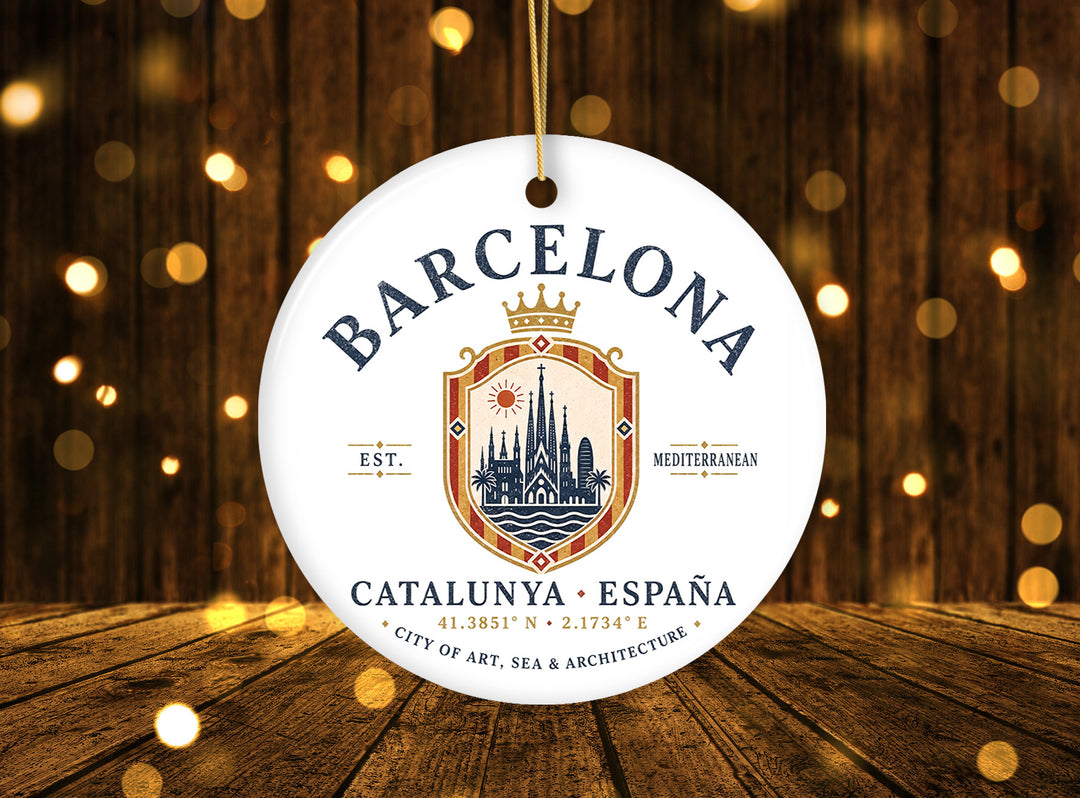 Vintage Barcelona Catalunya España Crest Ornament, Spain Tourist Attraction Gift and Souvenir