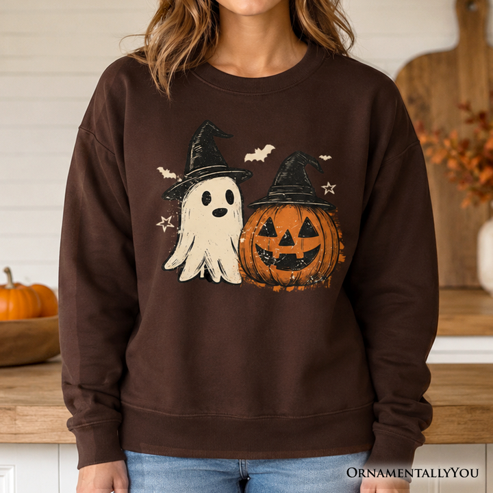 Witch Hat Ghost and Pumpkin Sweatshirt, Vintage Halloween Jack O' Lantern Sweater