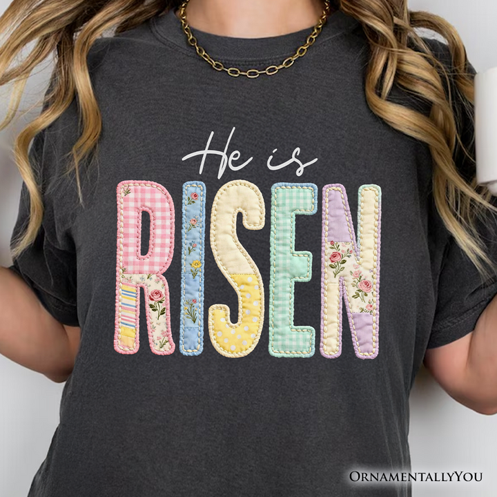 He Is Risen Printed Faux Embroidered Christian T-Shirt, Cute Religious Flowers Tee