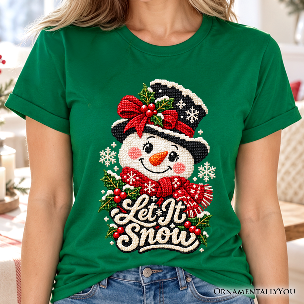 Let It Snow Faux Cross Stitch Snowman Christmas T-Shirt, Winter Holiday Tee