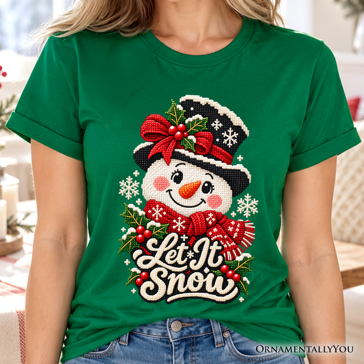 Let It Snow Faux Cross Stitch Snowman Christmas T-Shirt, Winter Holiday Tee
