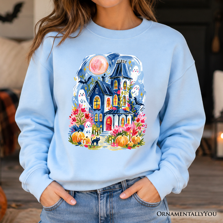 Watercolor Haunted House Sweatshirt, Colorful Ghost Pumpkin Halloween Sweater