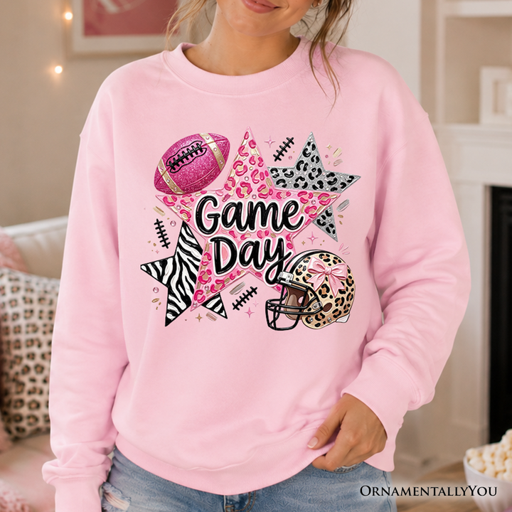 Leopard Pink Stars Football Sweatshirt, Coquette Game Day Sweater