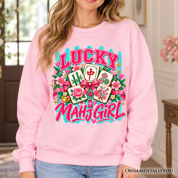 Lucky Mahjong Girl Sweatshirt, Colorful Floral Mahjong Tile Game Sweater