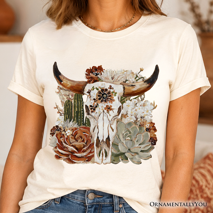 Boho Floral Cow Skull T-Shirt, Western Autumn Cowgirl Tee