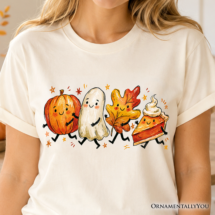 Cute Fall Characters T-Shirt, Pumpkin Ghost Leaf Pie Autumn Tee
