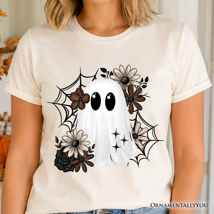 Floral Ghost T-Shirt, Neutral Boho Halloween Spider Web Tee