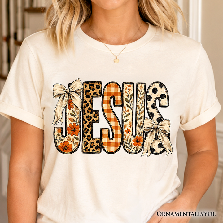 Jesus Coquette Fall T-Shirt, Leopard Plaid Floral Christian Faith Tee