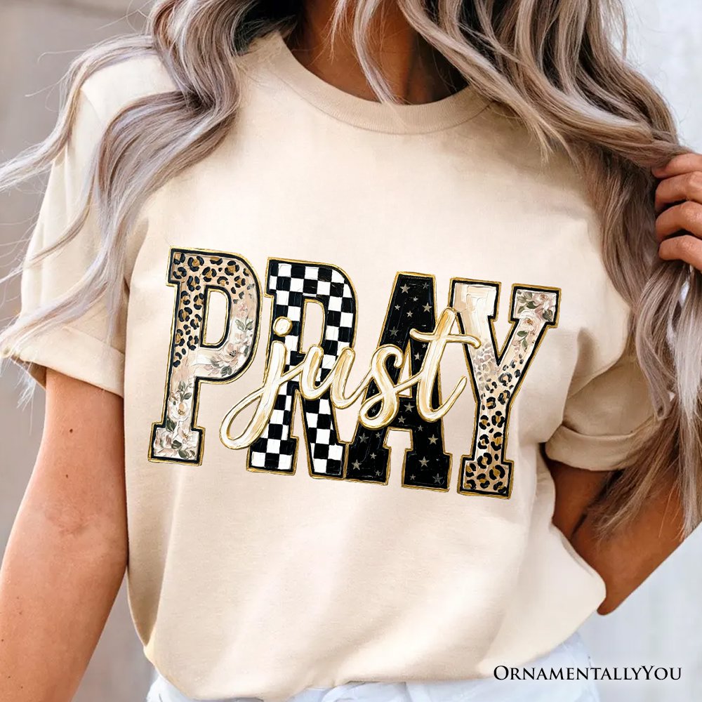 Just Pray Christian Varsity T-Shirt, Retro Leopard Checkered Faith Tee T-Shirts OrnamentallyYou 
