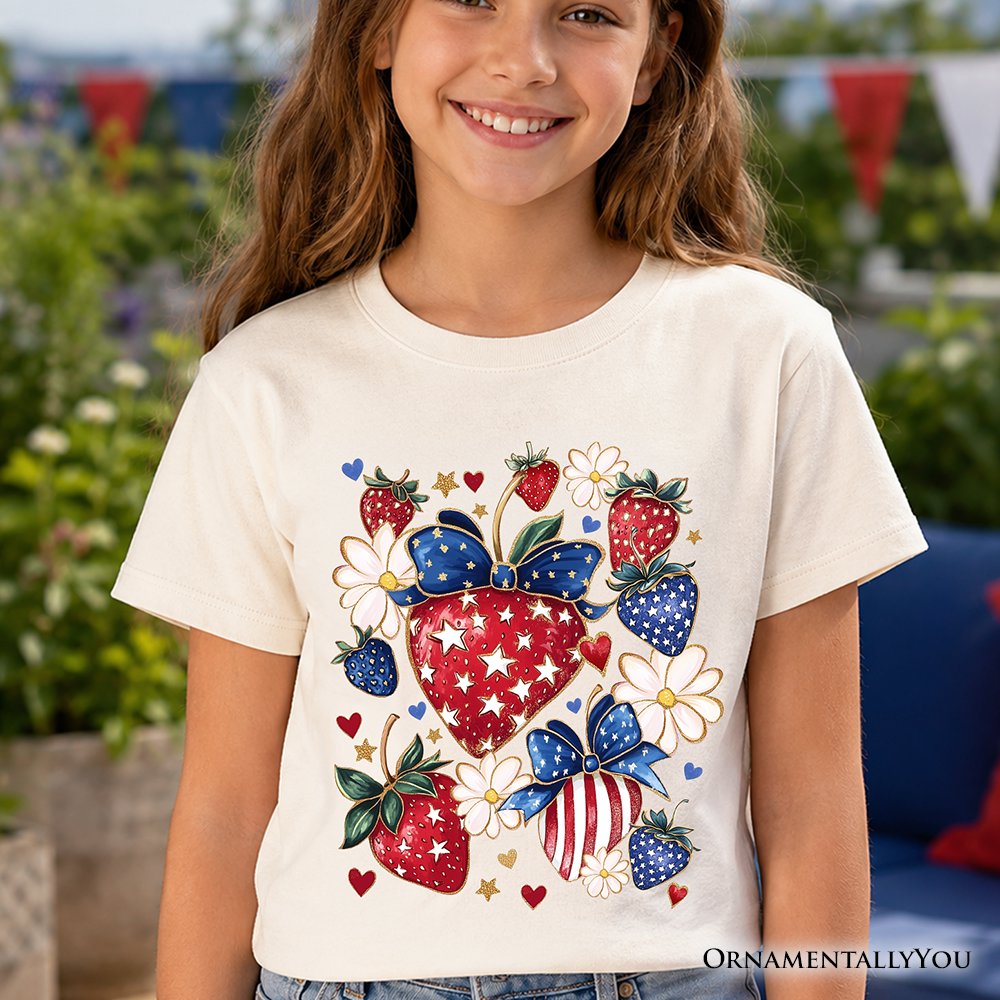 Kids Patriotic Boho Strawberries Bouquet T-Shirt, Youth 4th of July Festive Patch Tee Kid's T-Shirts OrnamentallyYou 