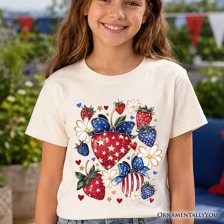 Kids Patriotic Boho Strawberries Bouquet T-Shirt, Youth 4th of July Festive Patch Tee Kid's T-Shirts OrnamentallyYou 