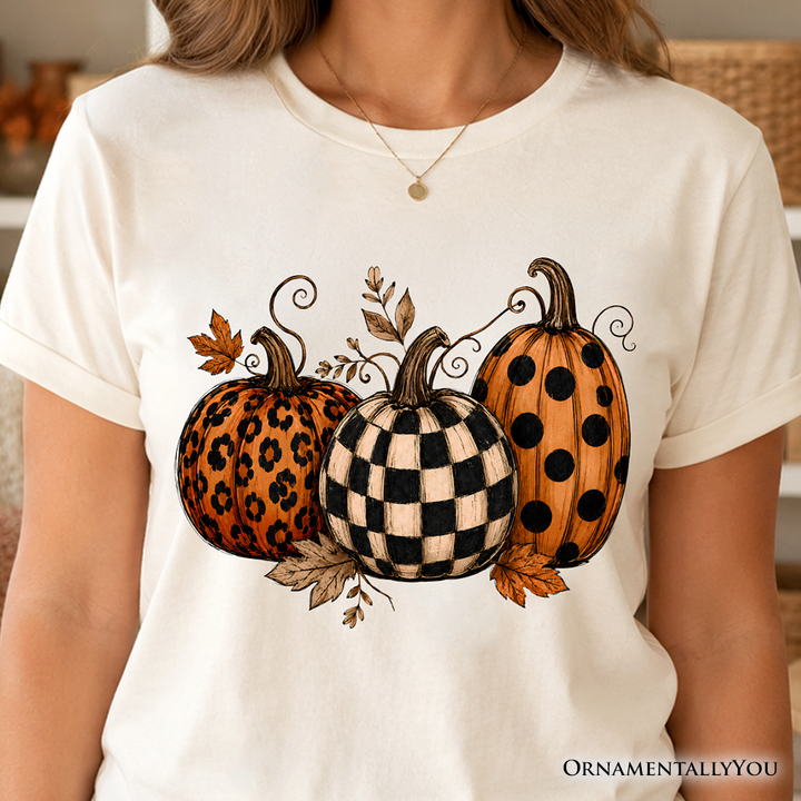 Leopard Checkered Pumpkin T-Shirt, Autumn Fall Tee