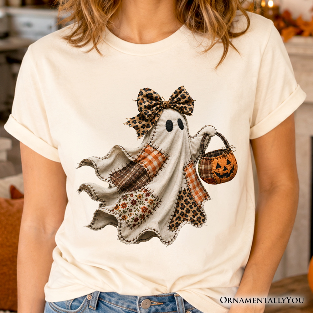 Patchwork Ghost with Leopard Bow T-Shirt, Rustic Halloween Pumpkin Trick or Treat Tee