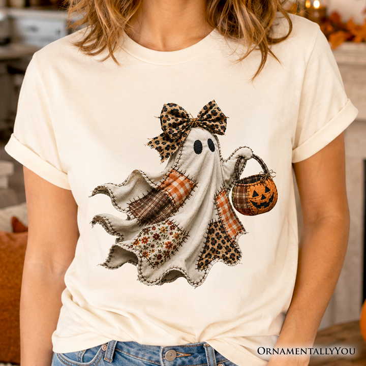 Patchwork Ghost with Leopard Bow T-Shirt, Rustic Halloween Pumpkin Trick or Treat Tee