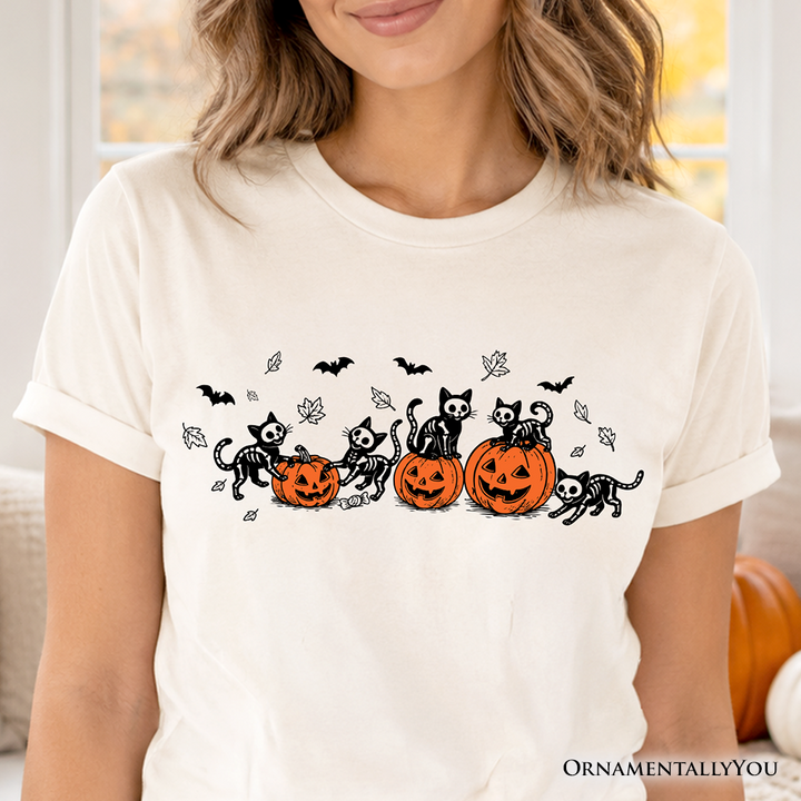 Skeleton Cats and Pumpkins T-Shirt, Spooky Halloween Black Cat Tee