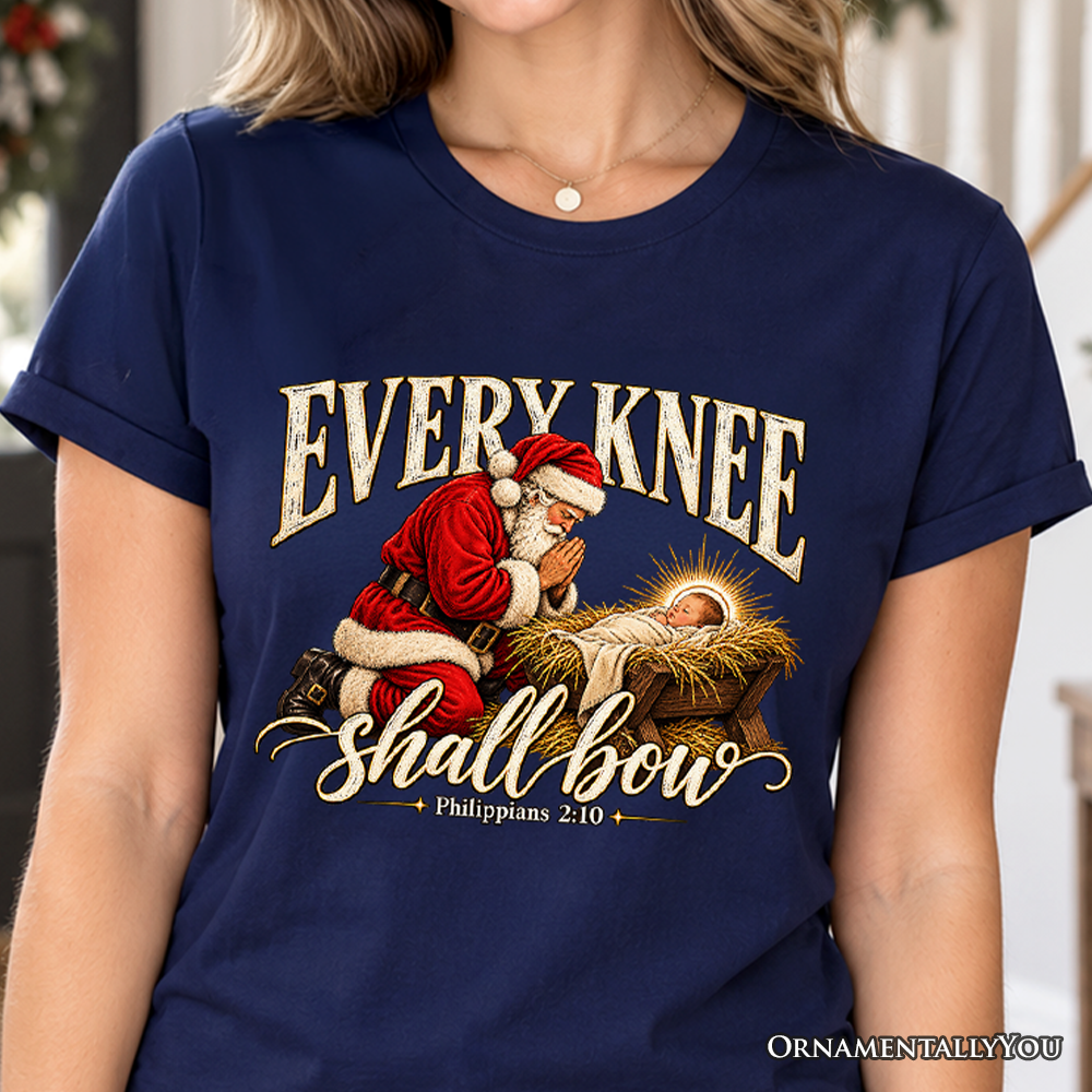 Every Knee Shall Bow Christmas Christian T-Shirt, Santa Nativity Faith Tee