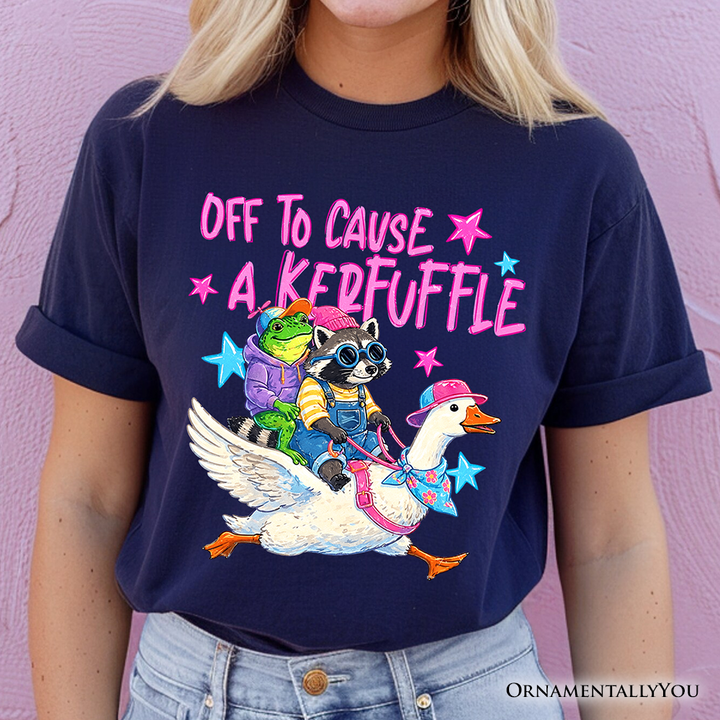 Off To Cause A Kerfuffle T-Shirt, Frog Raccoon Goose Funny Animal Tee