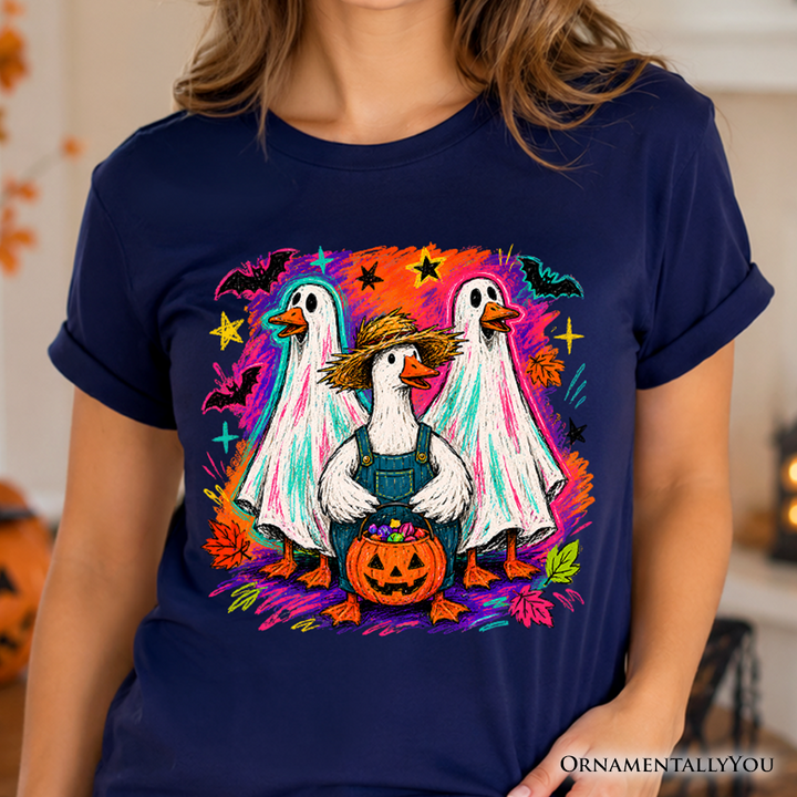Trick or Treat Geese T-Shirt, Colorful Halloween Ghost Costume Tee