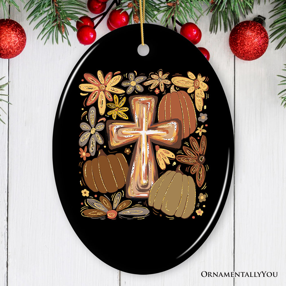 Boho Floral Pumpkin Cross Fall Ornament, Christian Harvest Autumn Keepsake