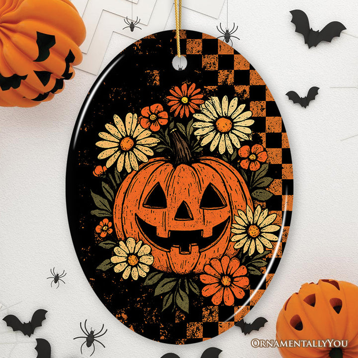 Checkered Floral Pumpkin Ornament, Retro Preppy Halloween Spooky Season Vibes Tree Decor