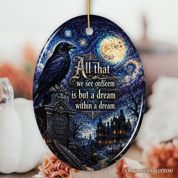 Edgar Allan Poe Dream Within a Dream Oval Ornament, Starry Night Gothic Raven Keepsake