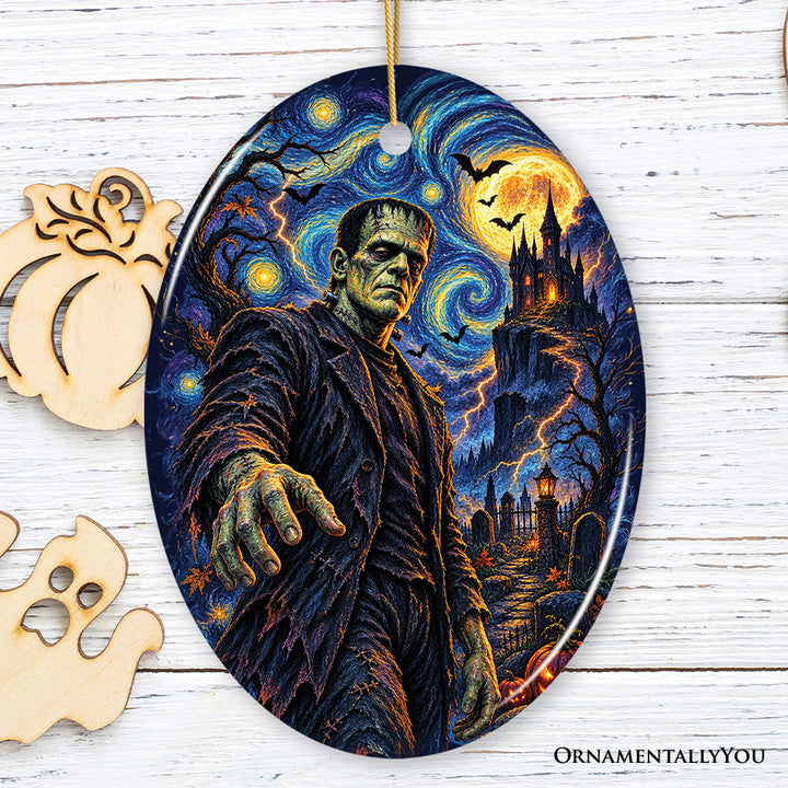 Frankenstein Starry Night Castle Oval Ornament, Classic Horror Monster Halloween Tree Decor