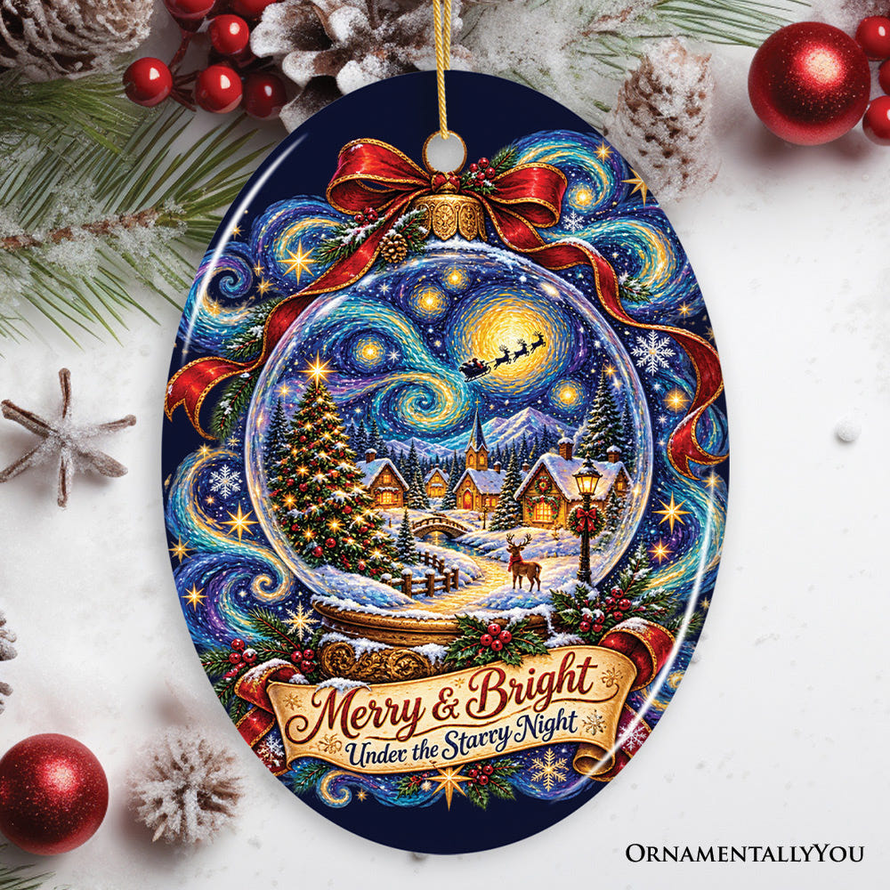 Merry & Bright Under the Starry Night Snowglobe Ornament, Whimsical Christmas Gift and Tree Decor