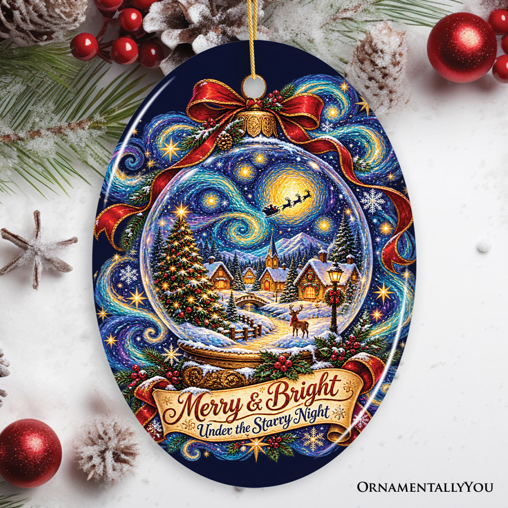 Merry & Bright Under the Starry Night Snowglobe Ornament, Whimsical Christmas Gift and Tree Decor