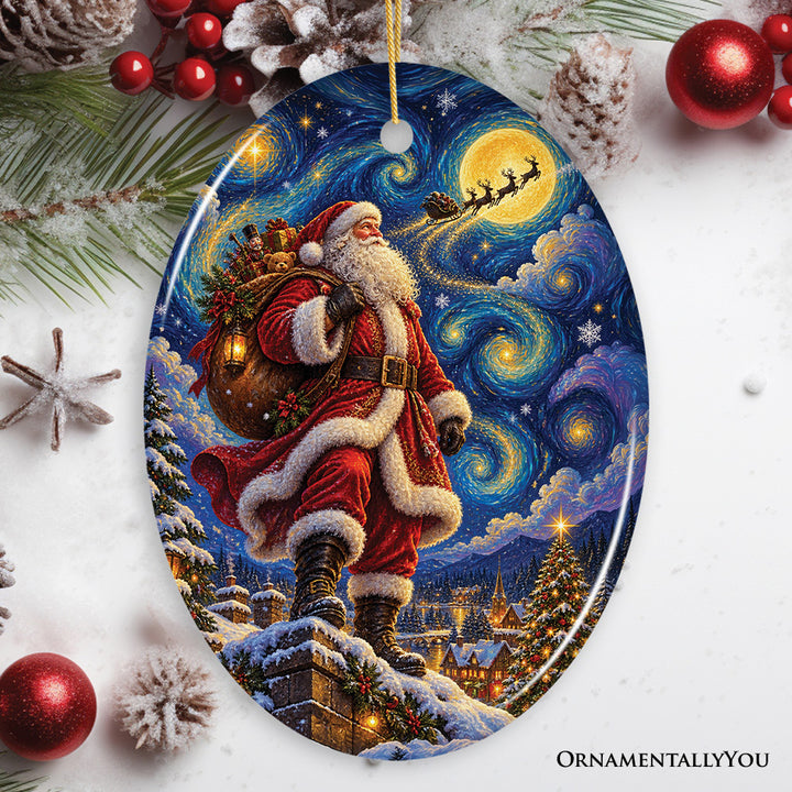 Santa Claus Starry Night Rooftop Ornament, Classic Christmas Eve Gift and Tree Decor