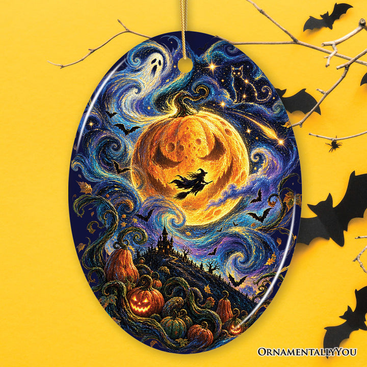 Spooky Starry Night Pumpkin Moon Ornament, Witch and Ghost Halloween Keepsake
