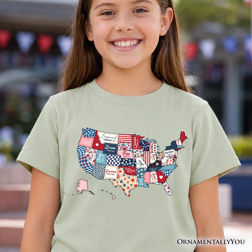 Kids Patriotic Patchwork USA T-Shirt, Quilted Map Youth Tee for American Fans Kid's T-Shirts OrnamentallyYou 
